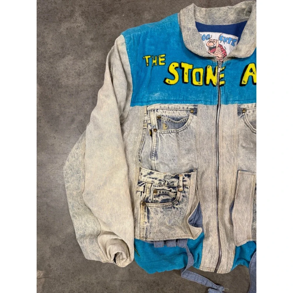Too Cute Flintstones Mens Large Levis Patchwork Denim Jacket Acid Wash 90s